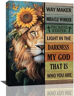 Lion Wall Art, Christian Lions of Judah Pictures Wall Decor, Inspirational Animal Butterfly Quotes Canvas Prints Paintings, Sunflower Framed Artwork For Bathroom Living Room Office Bedroom Dining Room 16"x12"
