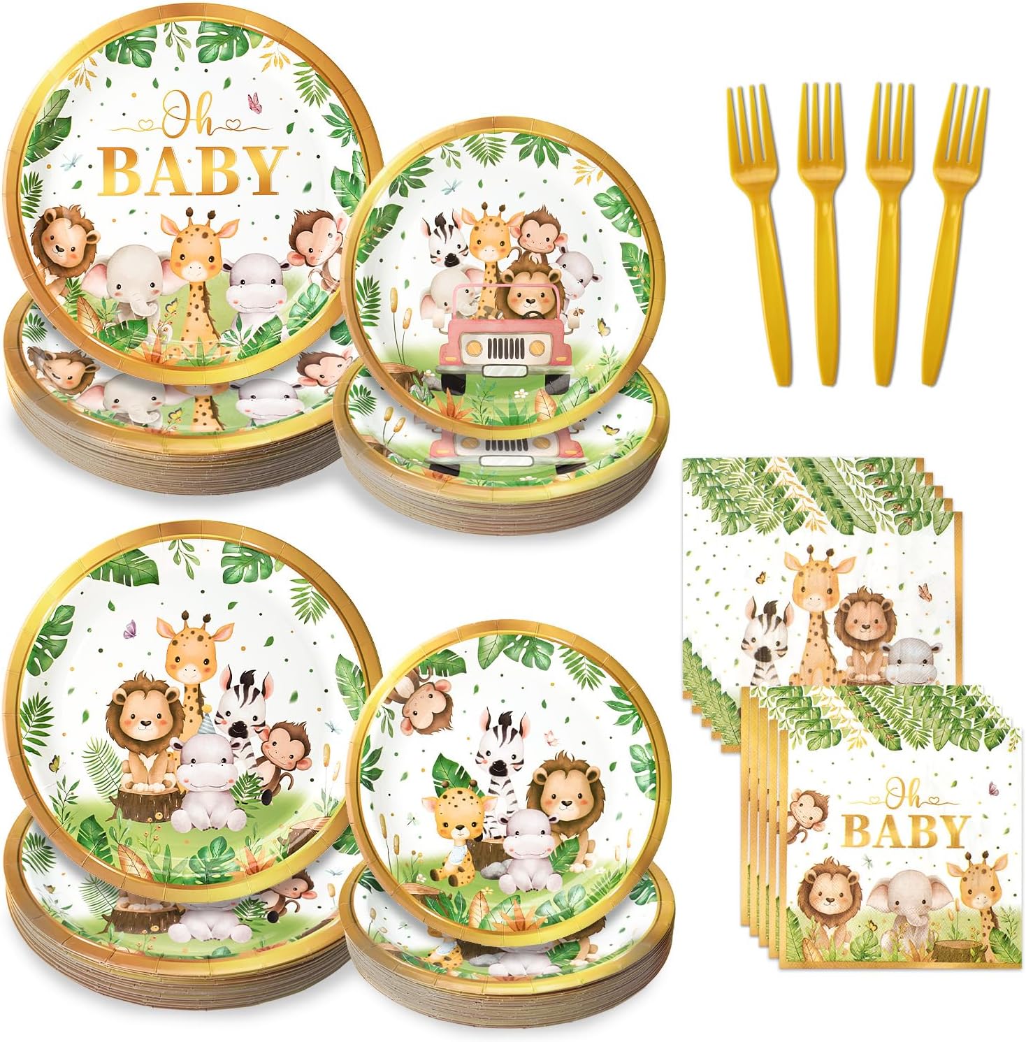 Kinovo 96 Pcs Safari Baby Shower Plates and Napkins Tableware Set (Serves 24), Plates Napkins and Forks Sets, Party Supplies, Jungle Safari Baby Shower Decorations