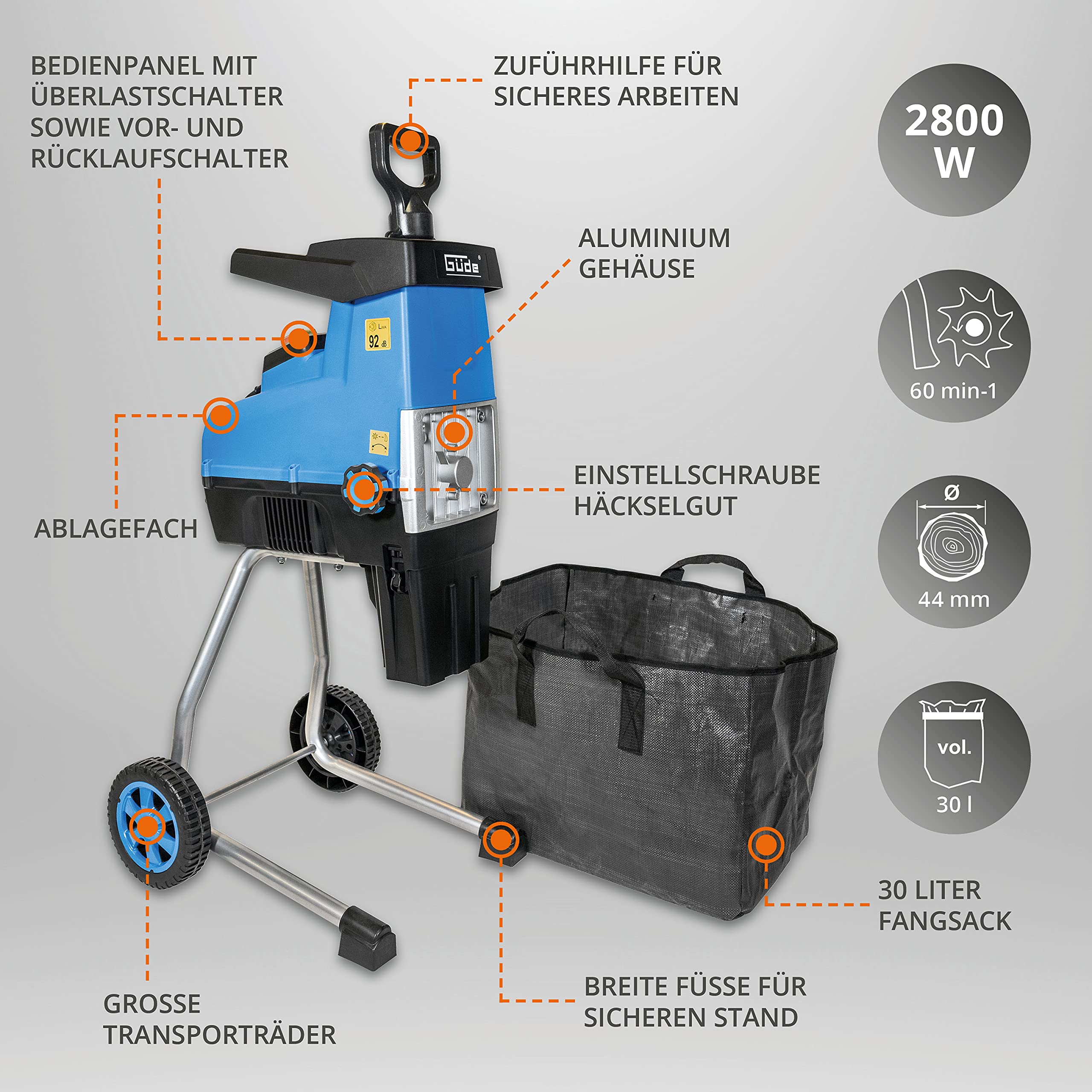 Güde Gartenhäcksler GH 2801 SILENT 2800 W 44 mm Walzentechnik 30 l Fangsack