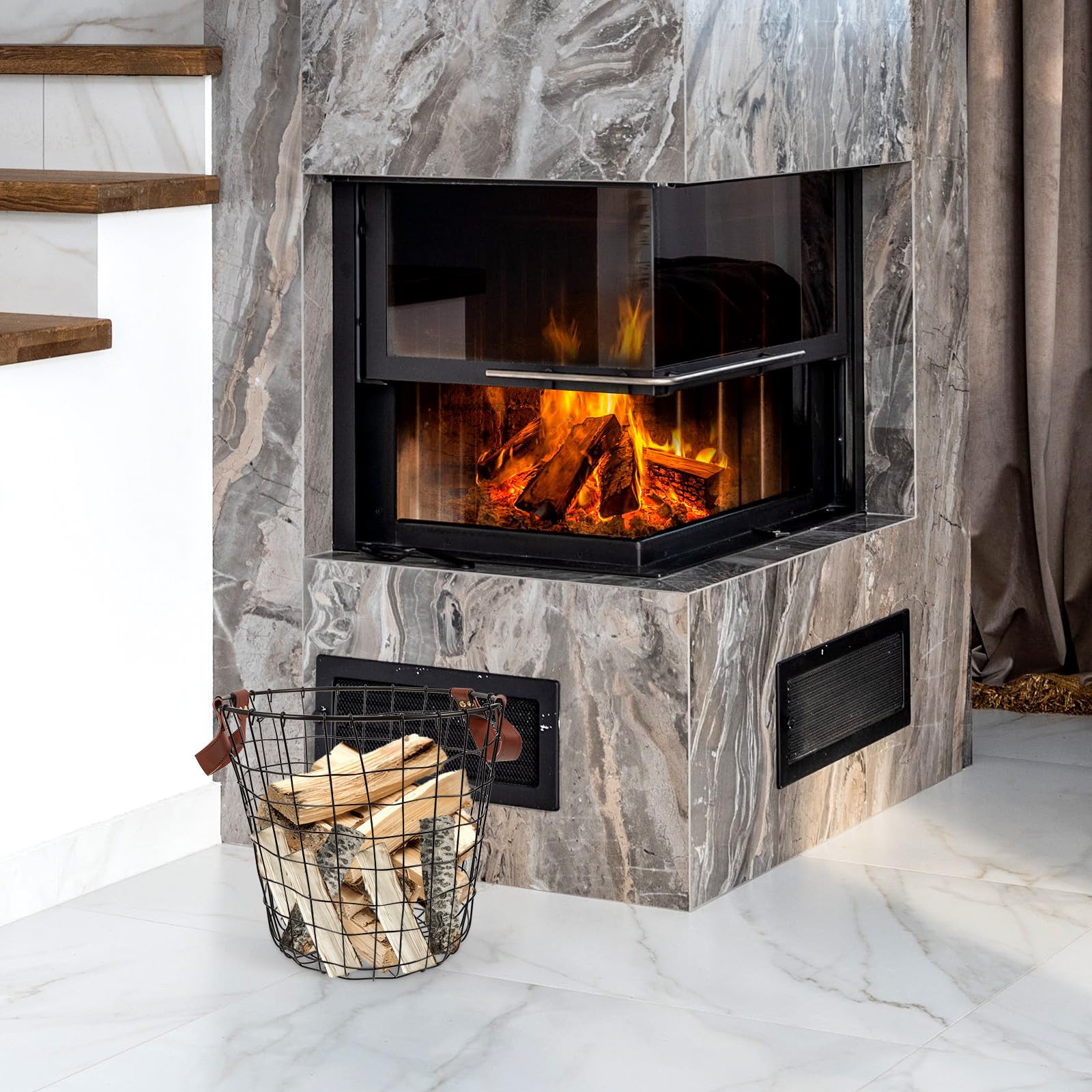 SUPVOX Leñero de Interior de Hierro Grande Asa Plegable, Cesta Metálica para Almacenamiento de Leña, Soporte Resistente para Chimenea y Uso Exterior, Transporte Cómodo para Camping