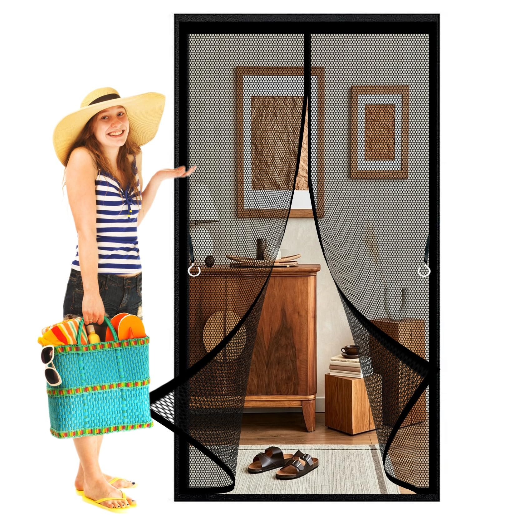 Magnetic Screen Door 84 x 218 cm Frame Hook & Loop, Powerful Magnets Fly Screens for Doors Heavy Duty, Lets Fresh Air for Keeping Out Flies, Black
