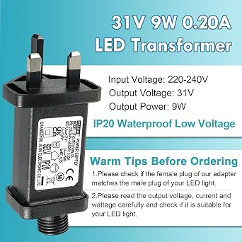 Pack of 2 31V 9W Power Supply/Transformer for CZJUTAI JT-EL/FC31V9W /6W /4.5W /3.6W-IP20 Christmas Lighting(DC Female Jack(Constant ON))