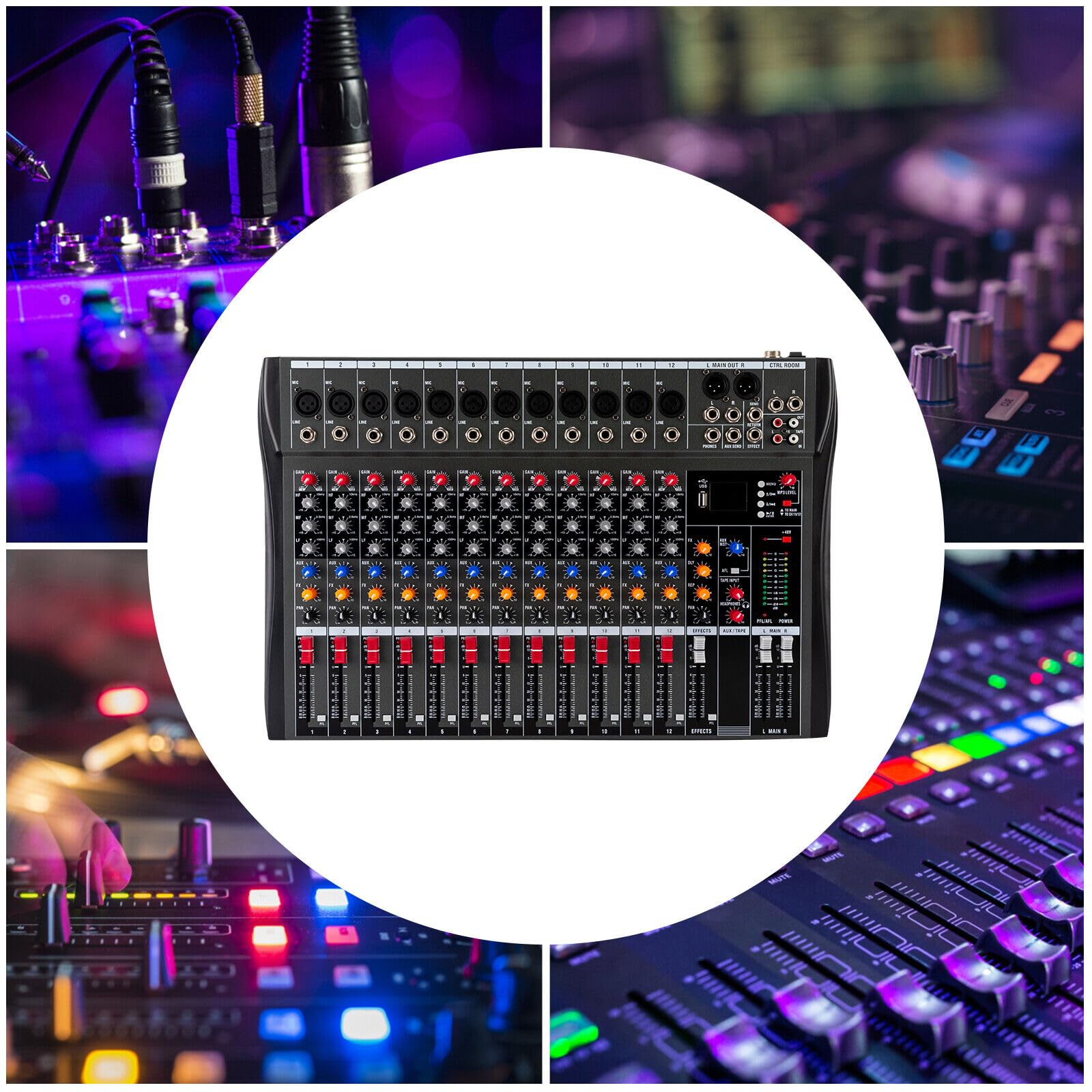 Audio Mischpult Konsole Verstärker,12 Kanal Studio Mixe Live Mixer Bluetooth USB 12 Kanal Bluetooth Audio Mixer DJ Live Studio Mischpult Soundkarte USB Konsole
