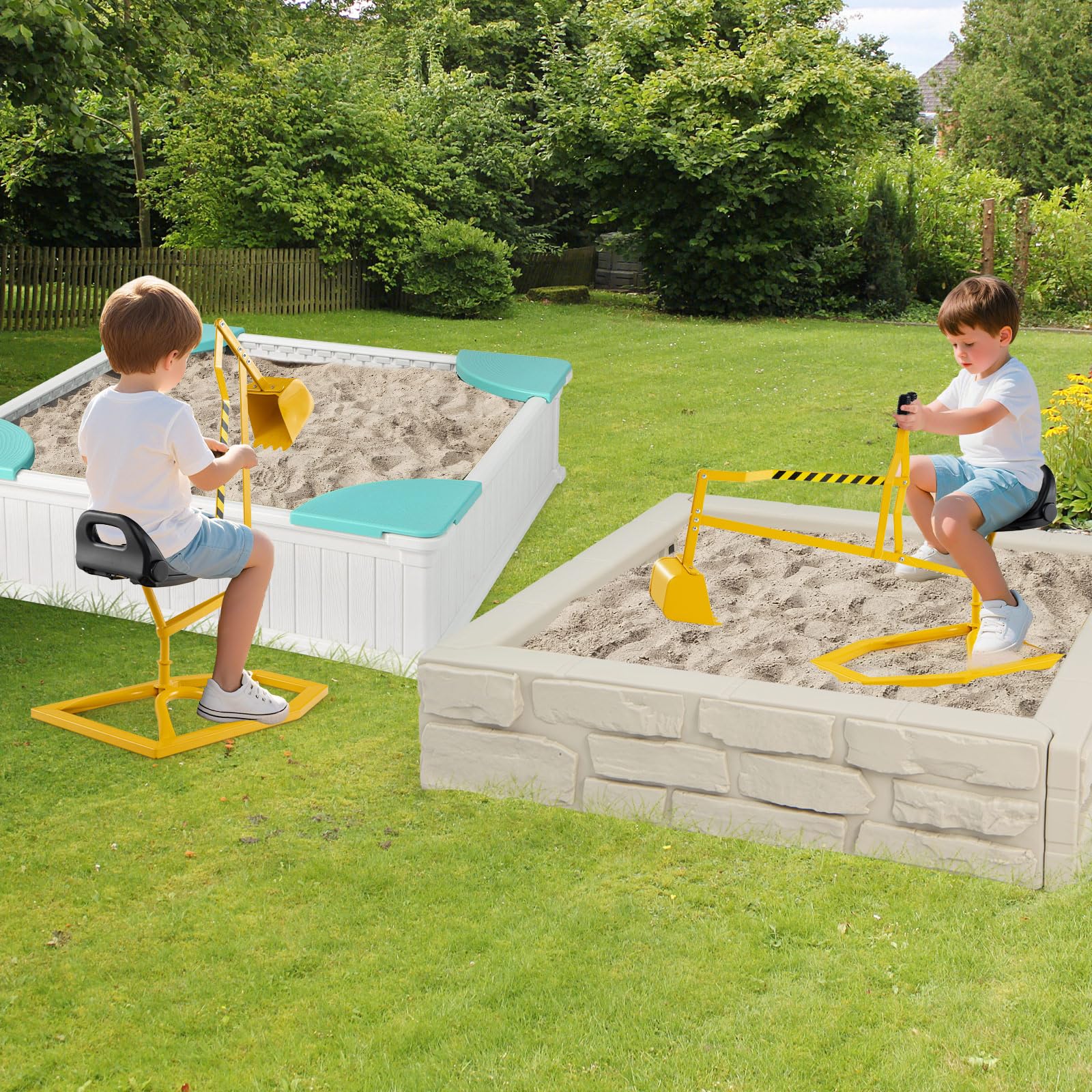 COSTWAY Sitzbagger 360° drehbar, Bagger zum Draufsitzen Metall, Bagger Sandkasten mit Schaufel & 2-Hände-Steuerungen, Aufsitzbagger Sandbagger für Kinder ab 3 Jahren (Gelb)