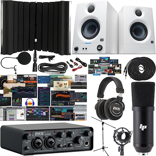 LyxPro Studio Recording Bundle with 2x2 USB Audio Interface, Professional Microphone Kit, Headphones, White Eris E3.5 Monitors, Isolation Shield