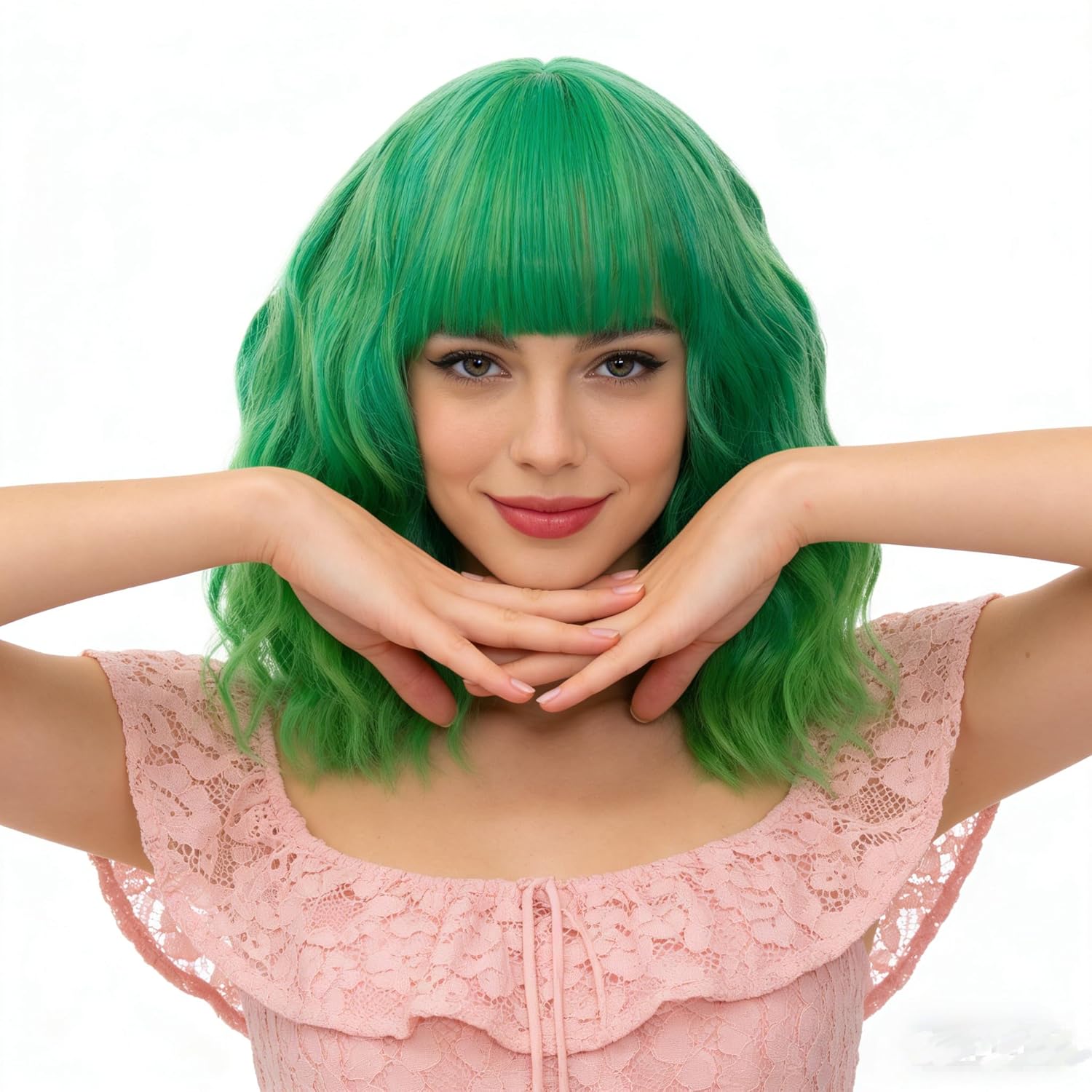 14" Short Bob Wavy Curly Bangs Wig Bright Green Ombre Air Bangs Shoulder Length Women's Charming Synthetic Wig for Cosplay Party Anime Costume+Wig Cap (Bright Green Ombre) - Image 8