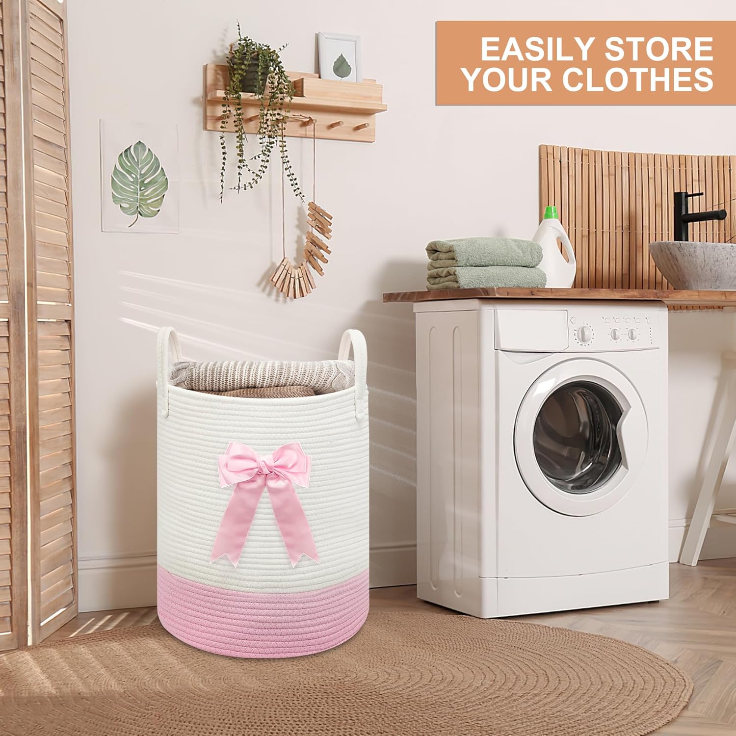 Pink Woven Laundry Hamper Basket with Bow, Large Tall Clothes Storage Basket for Baby Nursery, Girls Room, Bathroom & Bedroom Organizer 15"x17.7" - Image 6