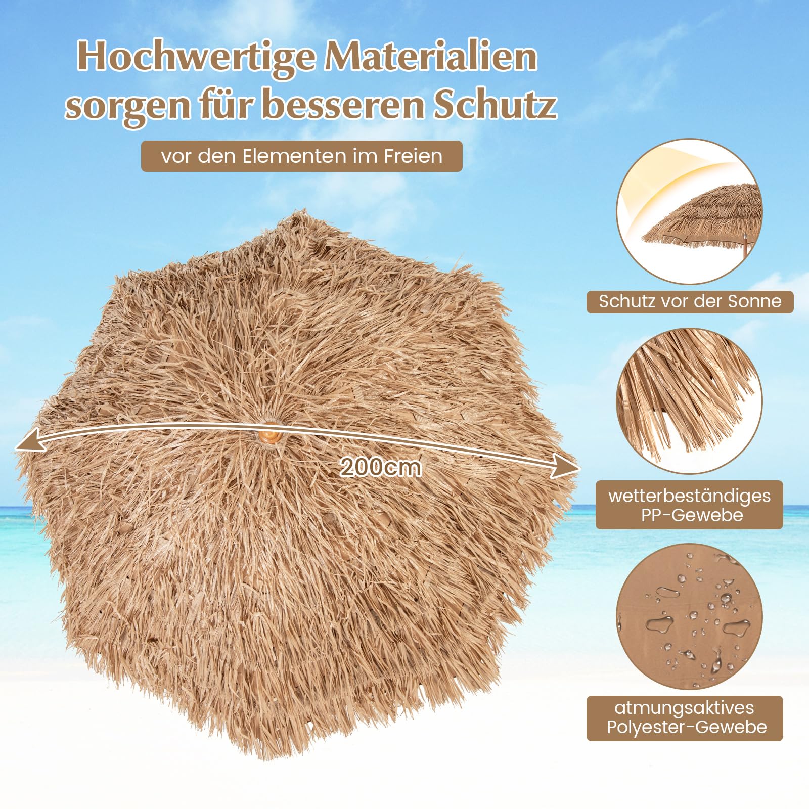 COSTWAY Sonnenschirm Hawaii, Strohschirm mit klappbarem Ständer, Strandschirm Stroh neigbar, Gartenschirm, Marktschirm, Terrassenschirm mit Tragetasche für Garten, Strand, Pool