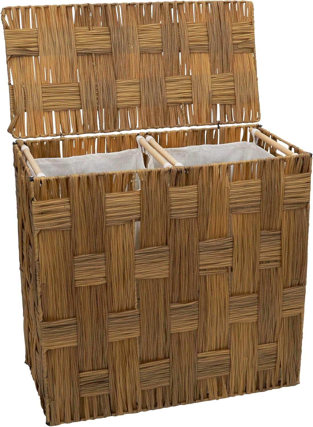 Household Essentials Woven Double Hamper, Natural Resin Weave, Strong Metal Frame, Washable Poly-Cotton Liners with Wooden Dowels, Moisture-Resistant, Easy to Assemble