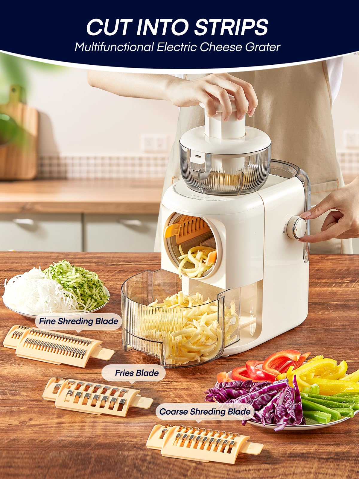 FOHERE Grattugia Elettrica Multifunzionale, 6 Lame, 50W, Contenitore 1,8L, Tritatutto per Verdure, Formaggio, Cipolle, Carote, Cetrioli, Bianco