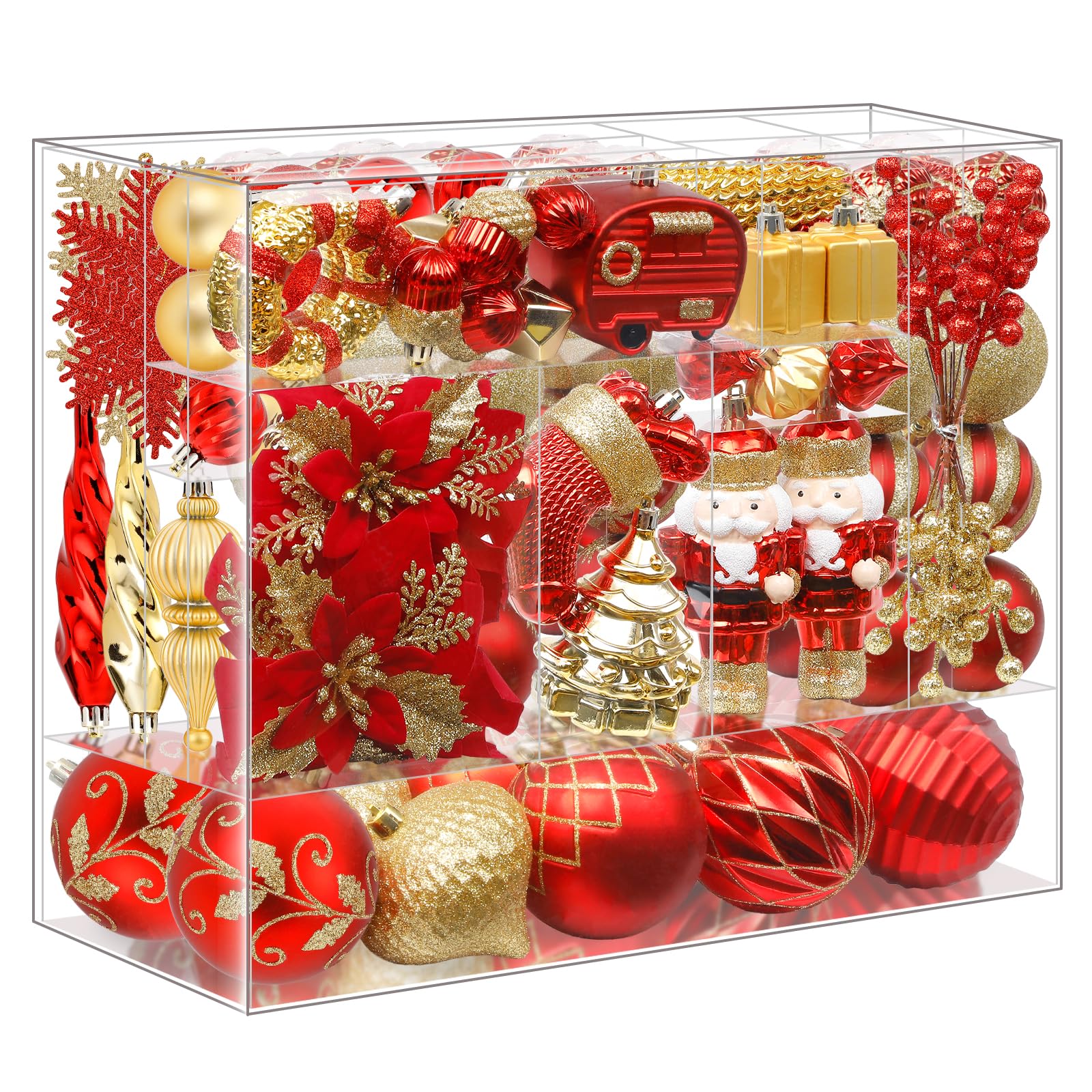 SHareconn Juego de 135 Piezas de Adornos Arbol Navidad, Adornos Bolas de Plástico Irrompibles con Cordón, Decoración Arbol de Navidad, Grandes Decoracion para Bodas (Rojo y Dorado)