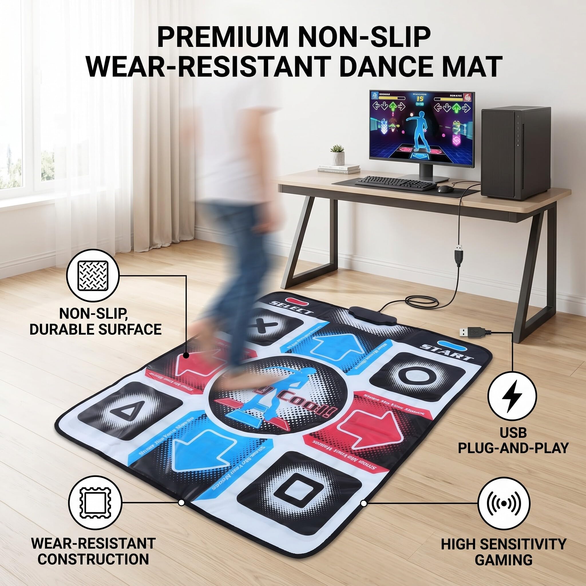 POENVFPO Nanslip Langable Dance Pad do Komputera PC — Połączenie USB Wysoka czułość w Grach Mat of Dance dla Użytkowników 98/22 2000/xp/7