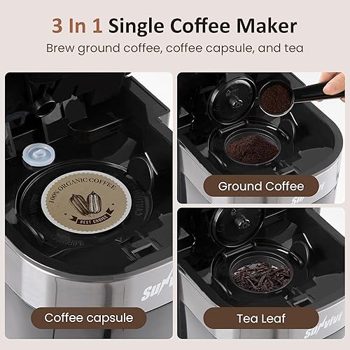 Miniatura 3 de SUNVIVI Cafetera helada, cafetera de una sola porción con 3 opciones de preparación para cápsulas K Cup o café molido, depósito de agua extraíble de