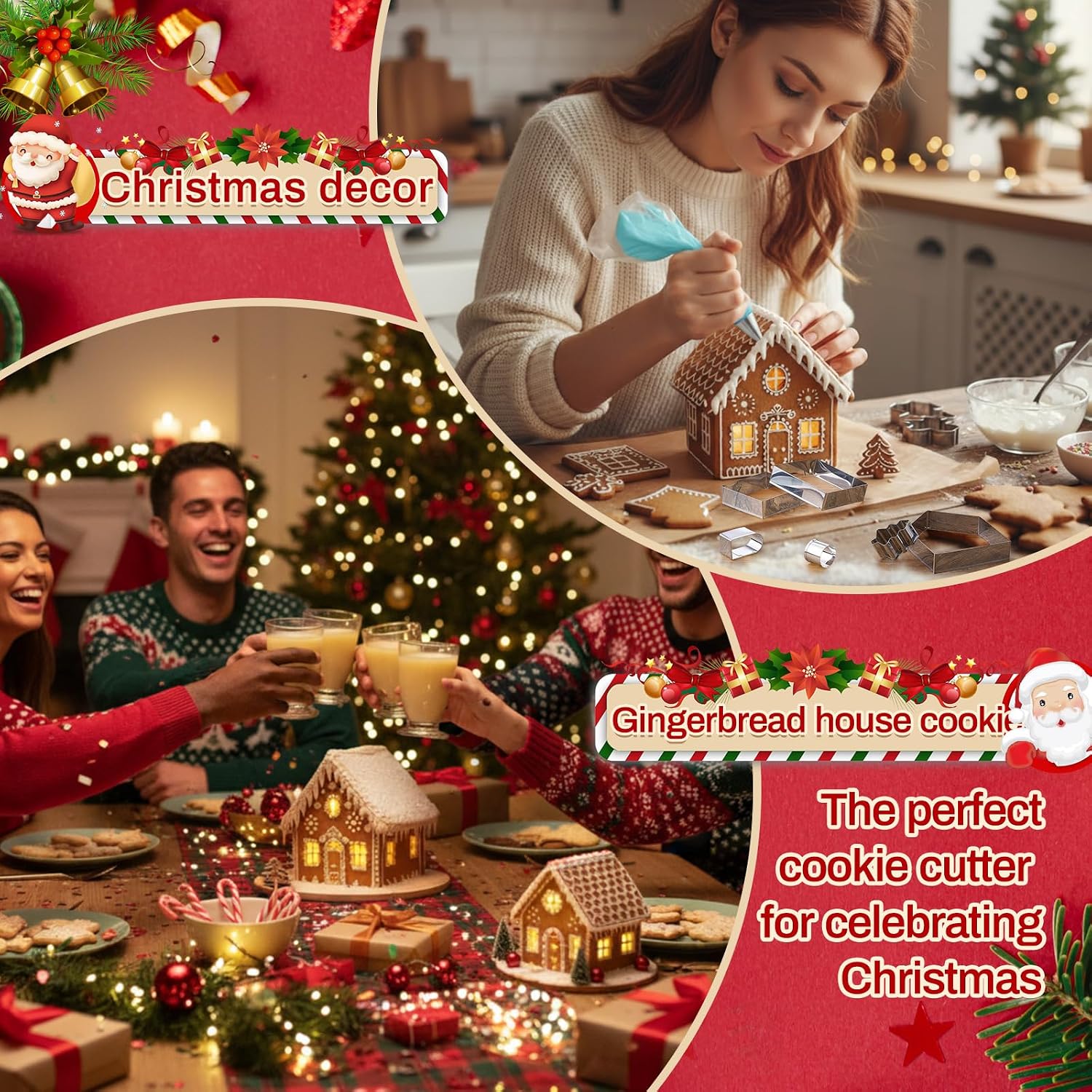 Yaocom 4 Set Gingerbread House Cookie Cutters with Piping Bags Tips Set Christmas Cookie Cutters 3D Gingerbread House Kit for DIY Christmas Holiday Biscuit Cake Dough Fondant Baking Dough Tool Gift