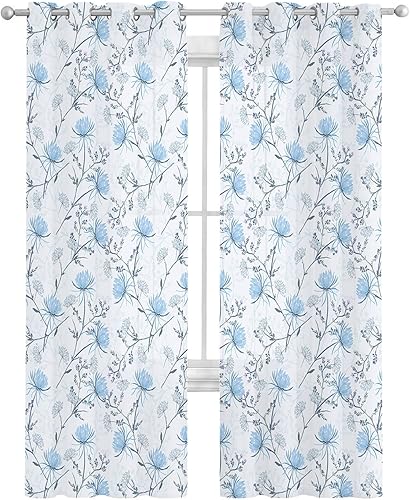 Cortinas traslúcidas de flores azules de 54 pulgadas de largo, juego de 2 paneles para sala de estardormitorio, cortinas de cocina botánicas vintage