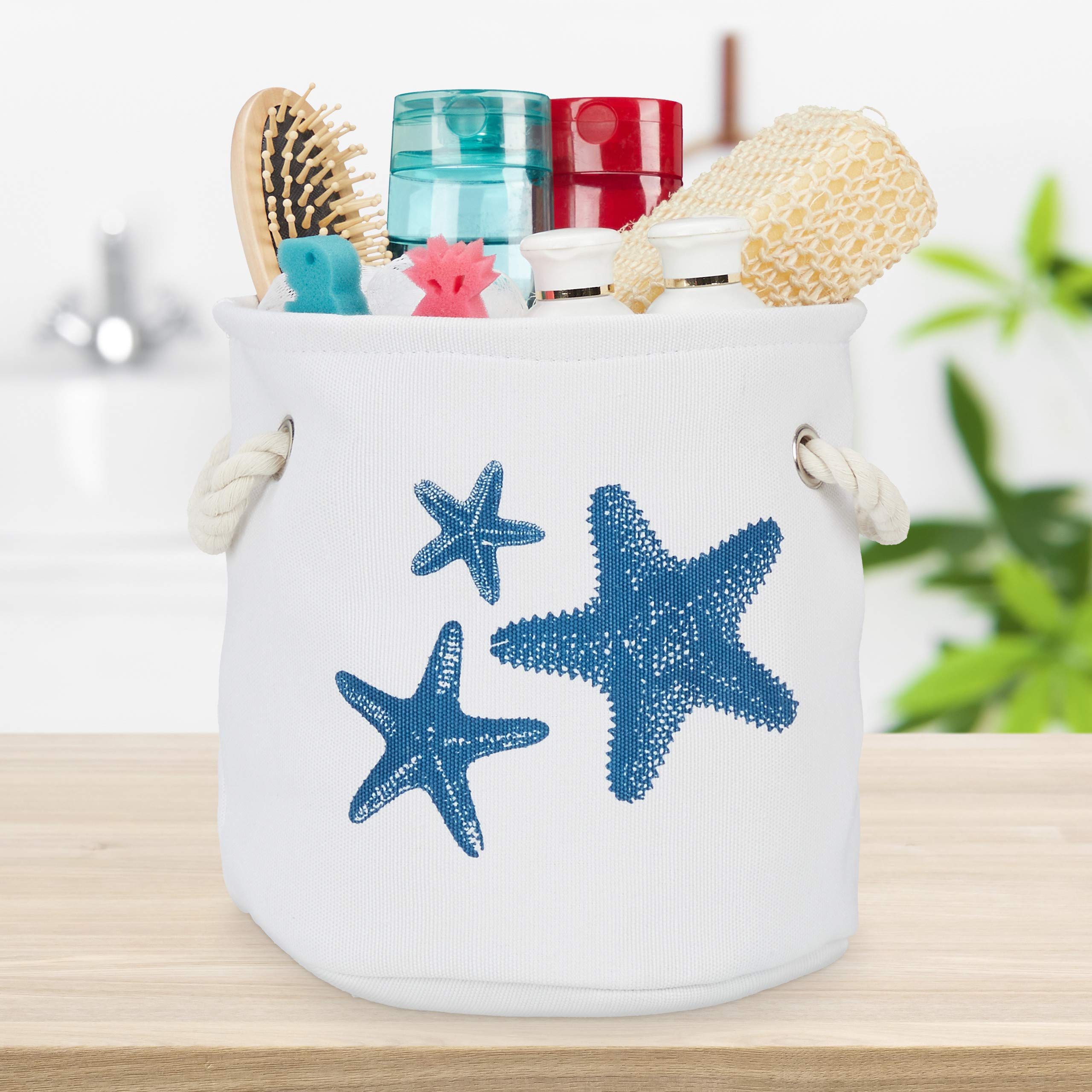 relaxdays Set da 4 Cestini Portaoggetti, Cesti di Stoffa con Manici, Contenitori Bagno Giochi, 4 Misure, Bianco/Blu