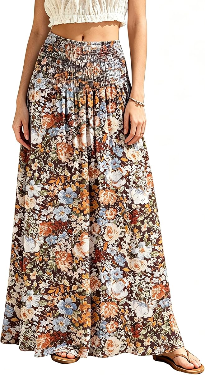 Womens Maxi Skirt Smocked Boho Flowy Casual Long Skirts | High Waist,A Line,Floral Skirt,Summer Beach Vacation Outfit,Spring Fall Fashion,Double Layered,Chiffon,Midi Dress