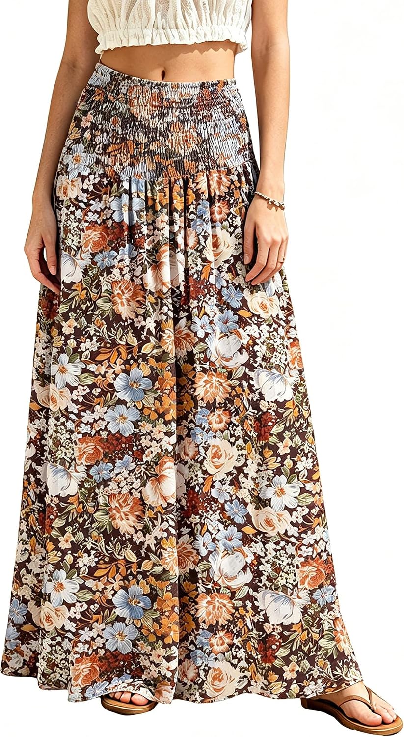 Womens Maxi Skirt Smocked Boho Flowy Casual Long Skirts