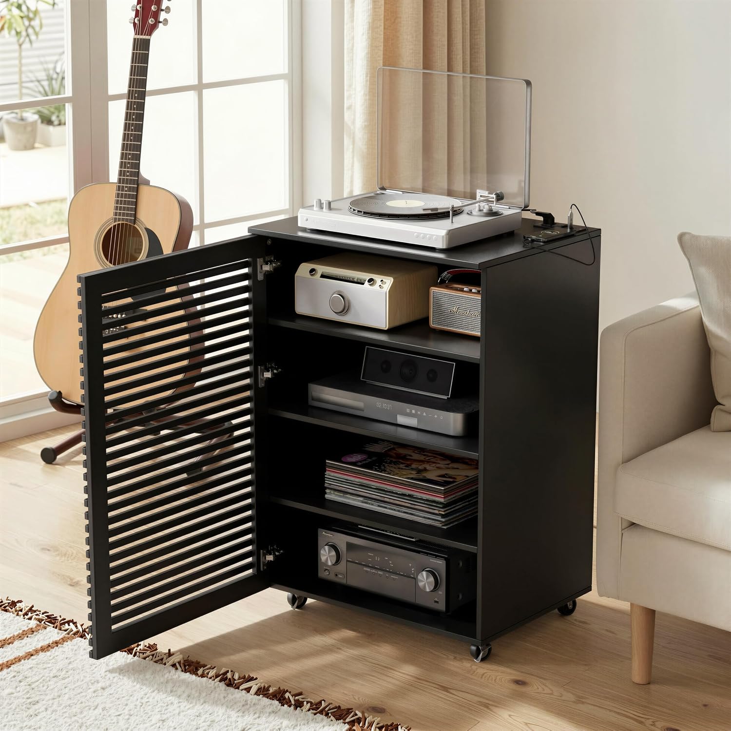 5-Tier AV Media Cabinet with Grille Door & Adjustable Shelves, Modern Wooden AV Media Stand with Cable Management & Wheels, Audio Video Stand for Living Gaming Room Recording Studio,Black