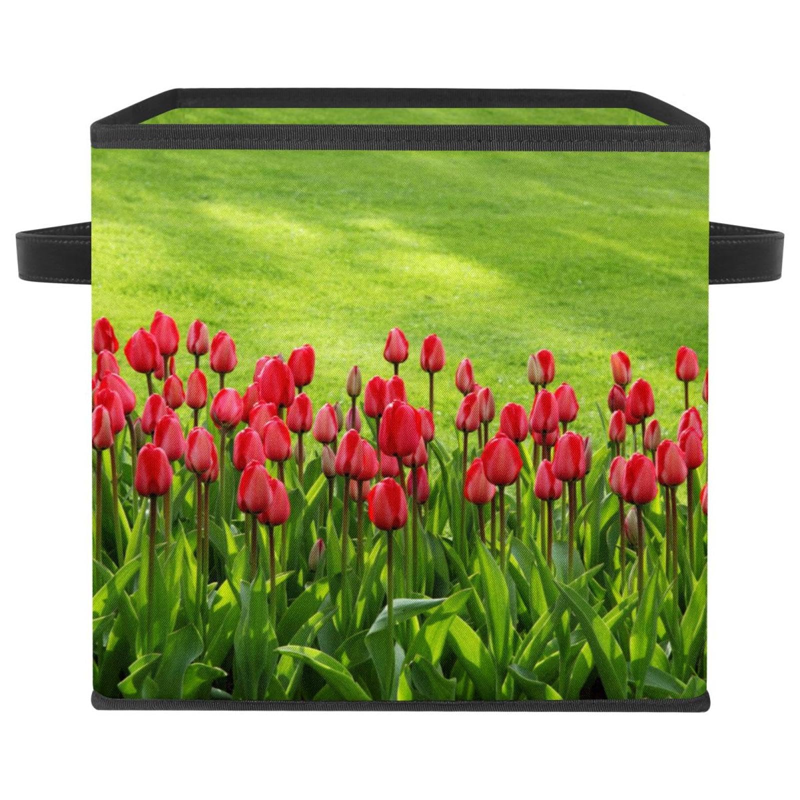 Boîte de rangement pliable cube motif tulipe rouge en tissu avec poignées pour placard de chambre