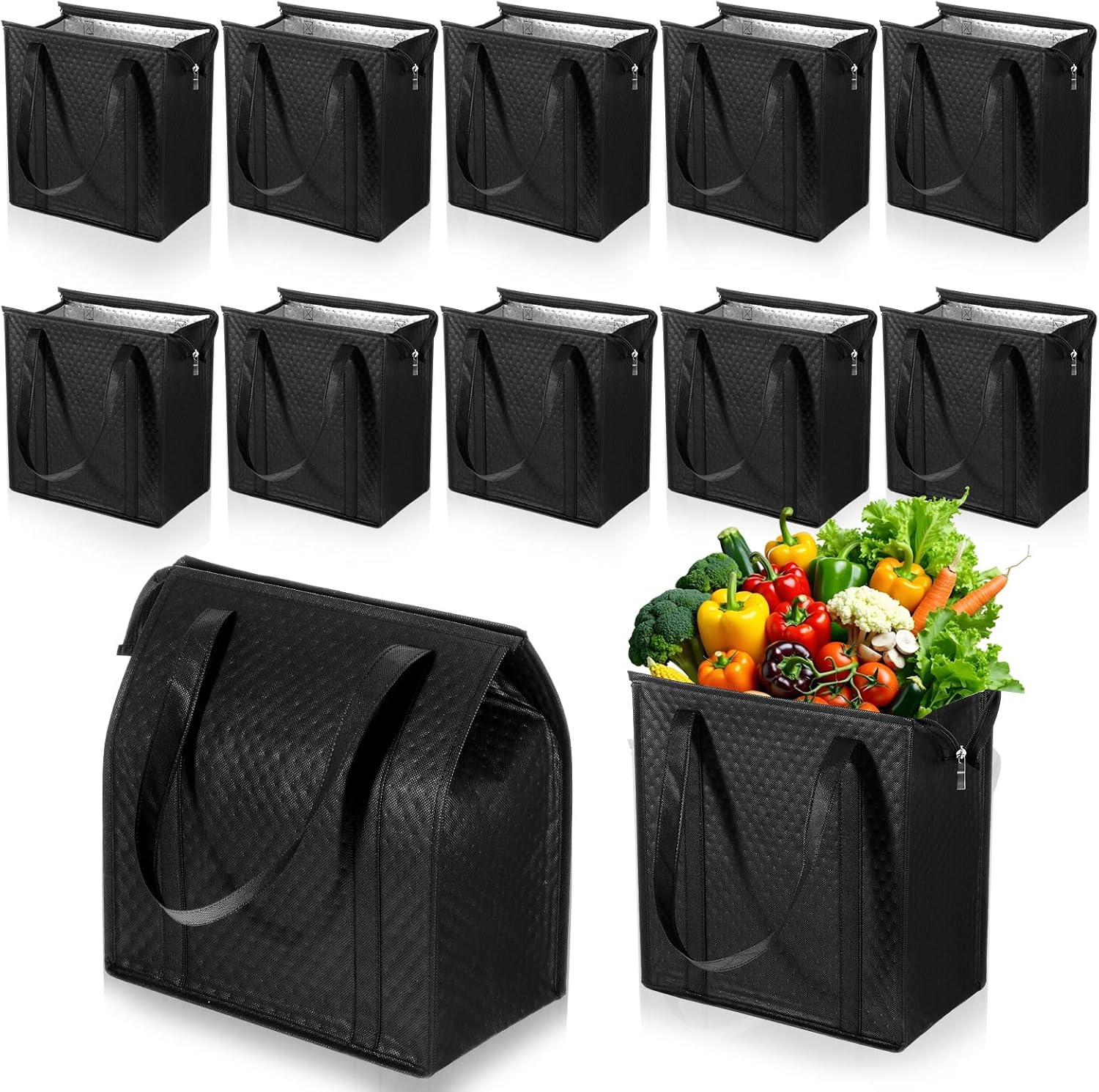 10 Pack Large Insulated Grocery Bags, Reusable Shopping Bags with Zippered Top,13x12x7 Inch Thermal Cooler Totes Bulk for Hot Cold Food Delivery (Black)