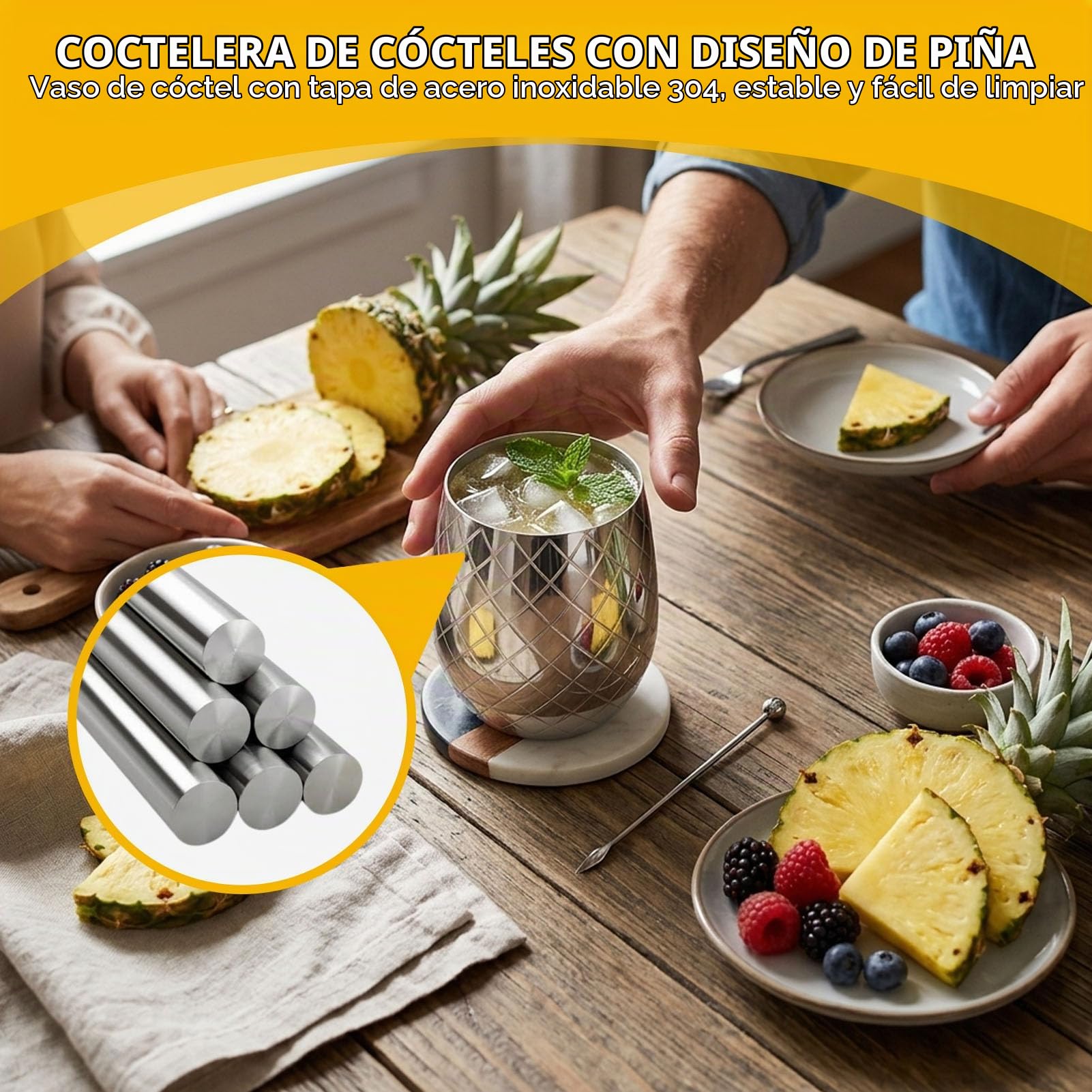 Cyrank Taza De Piña De Acero Inoxidable Con Tapa, Tazas De Cóctel De Piña De 500 Ml, Vaso De Copa De Vino, Tazas Para Beber De Acero Inoxidable Para Bar(Plata)