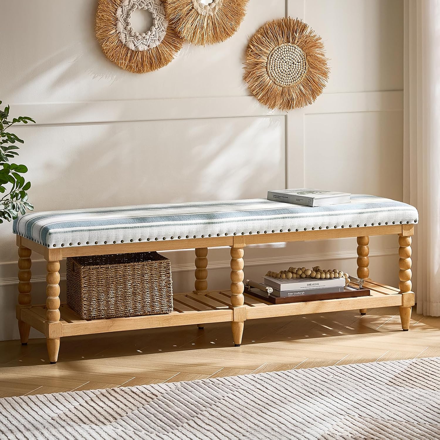 HULALA HOME Entryway Bench with Soild Wood Shelf, 58" Upholstered Shoe Storage Bench with Spindle Legs, Nailhead Trim Detail for Bedroom, Living Room, Hallway, Strip