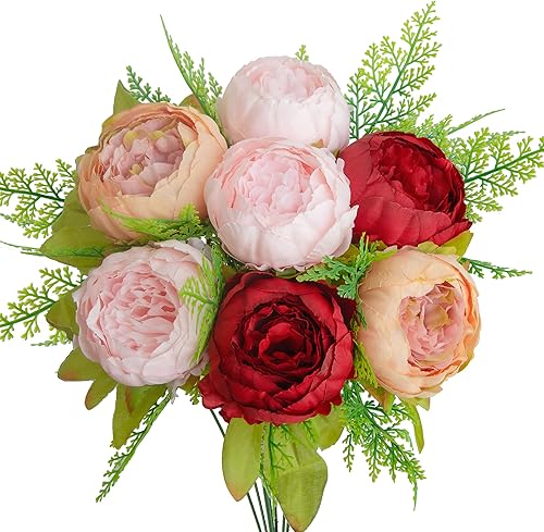Ramo de flores de peonías artificiales vintage, color rojo y rosa, flores de plástico para decoración del hogar, boda, fiesta