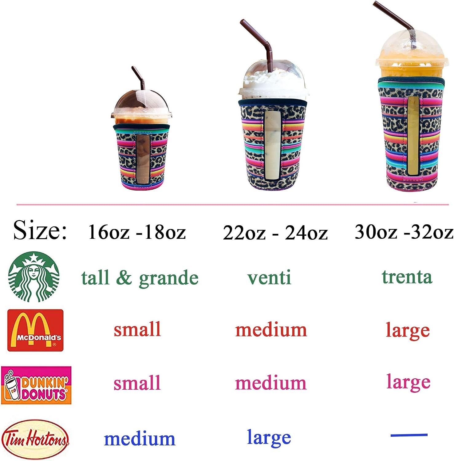 YUESUO 3 Pack Reusable Iced Coffee Cup Insulator Sleeve for Cold Beverages and Neoprene Holder for Starbucks Coffee, McDonalds, Dunkin Donuts, More (Rainbow Leopard)