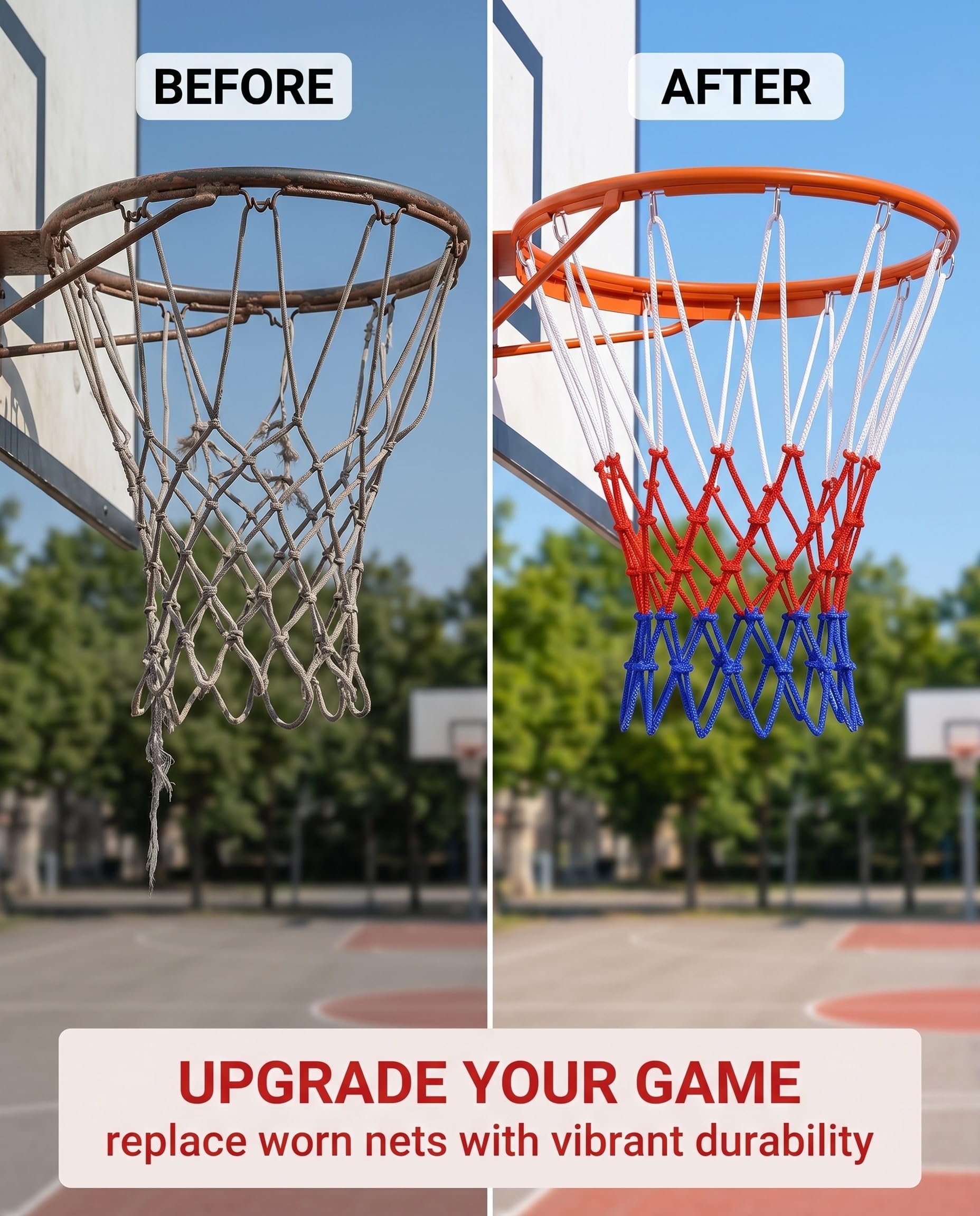 Reti per Canestro da Basket 2 Pezzi Blu Rosso Bianco | 12 Anelli Professionali per Esterno, Rinforzate e Resistenti alle Intemperie per Canestri Standard
