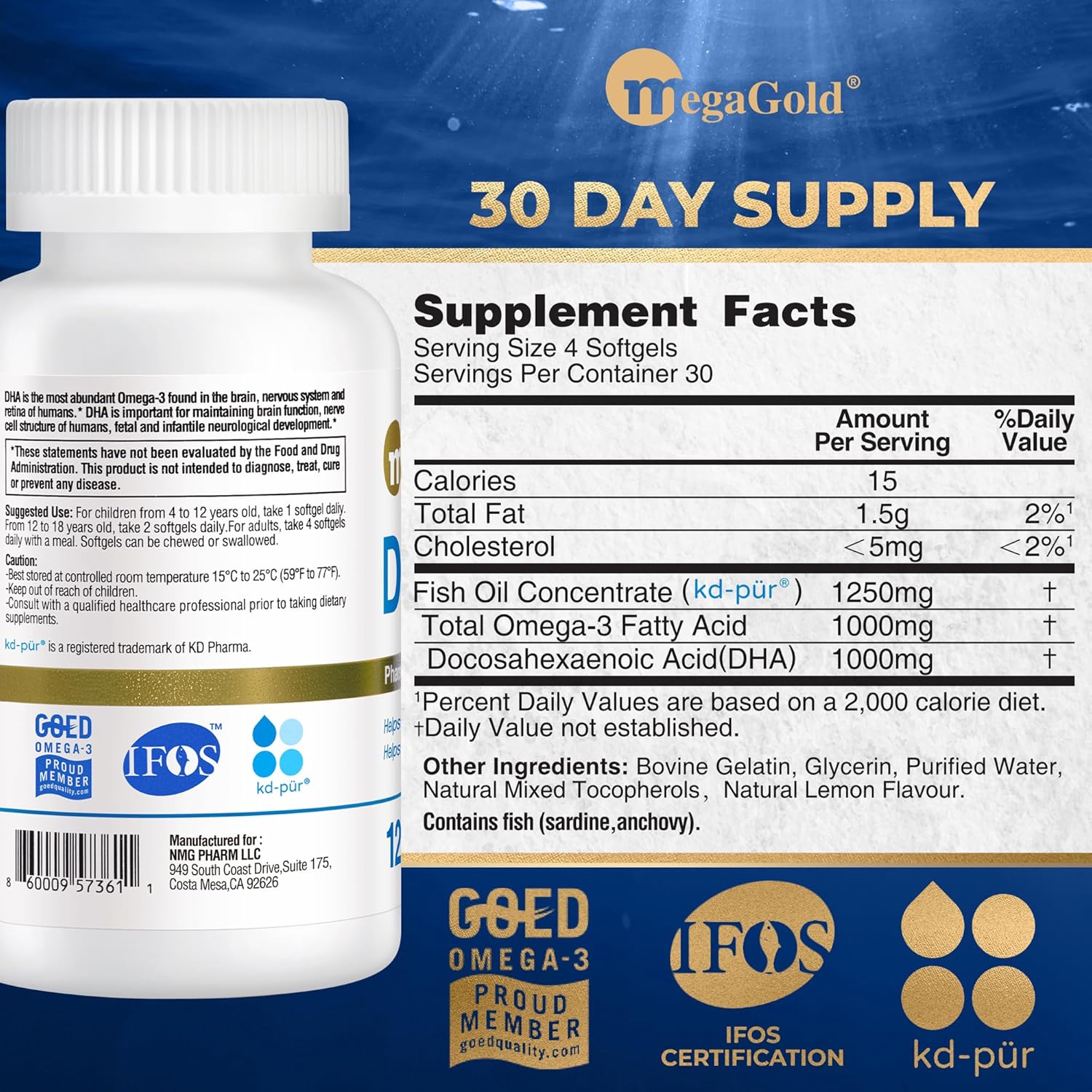 DHA 1000 Fish Oil Omega 3 Supplement - High DHA & 1000mg of Omega-3 Fatty Acids, Burpless Fish Oil Capsules for Men and Women, Supports Brain and Eye Health* - 120 Count Mini Softgels - Image 3