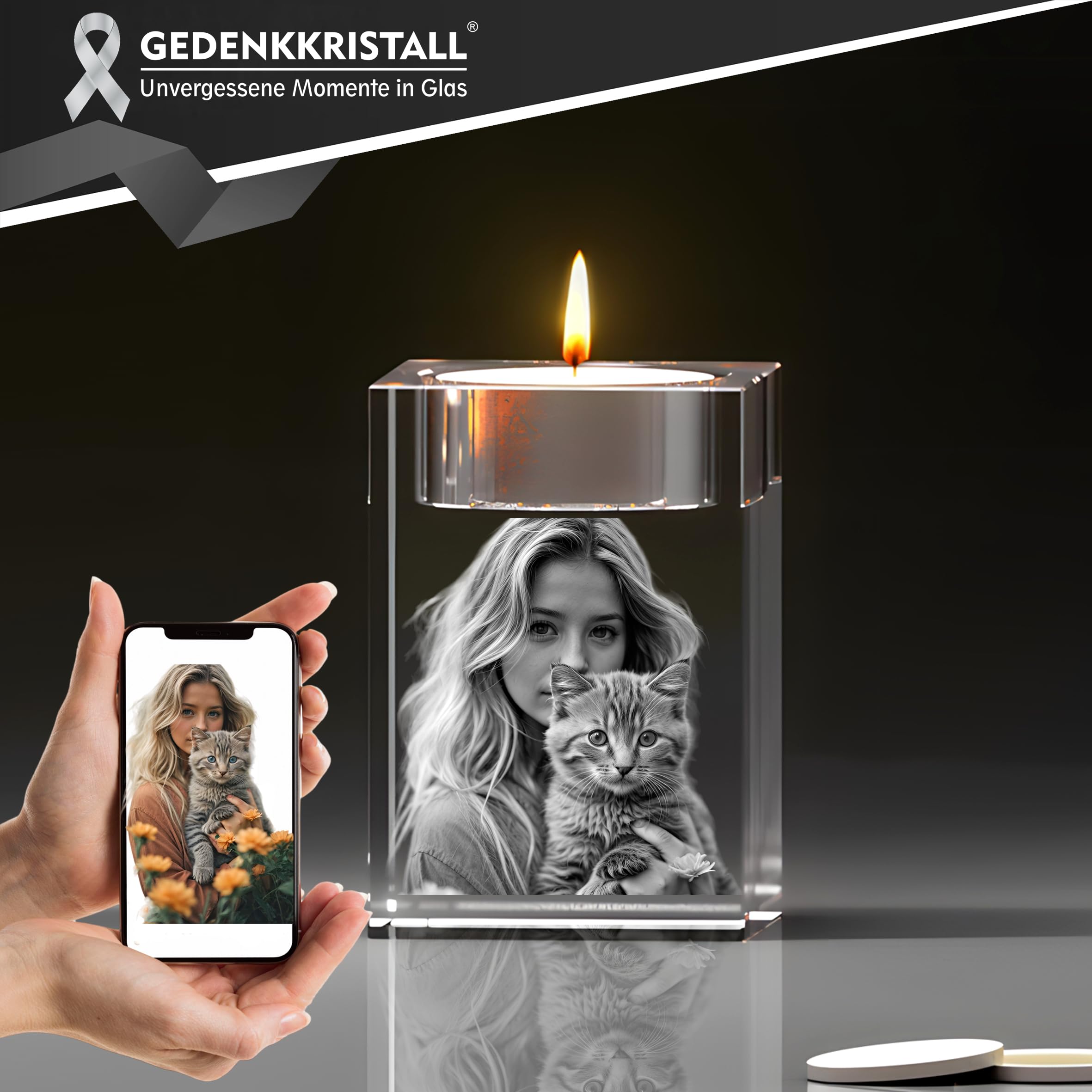 mit 3D-Gravur Teelichtvertiefung – Personalisiertes Erinnerungsstück für Haustiere, inkl. 3D-Lasergraviertes Bild, Erinnerung Haustier