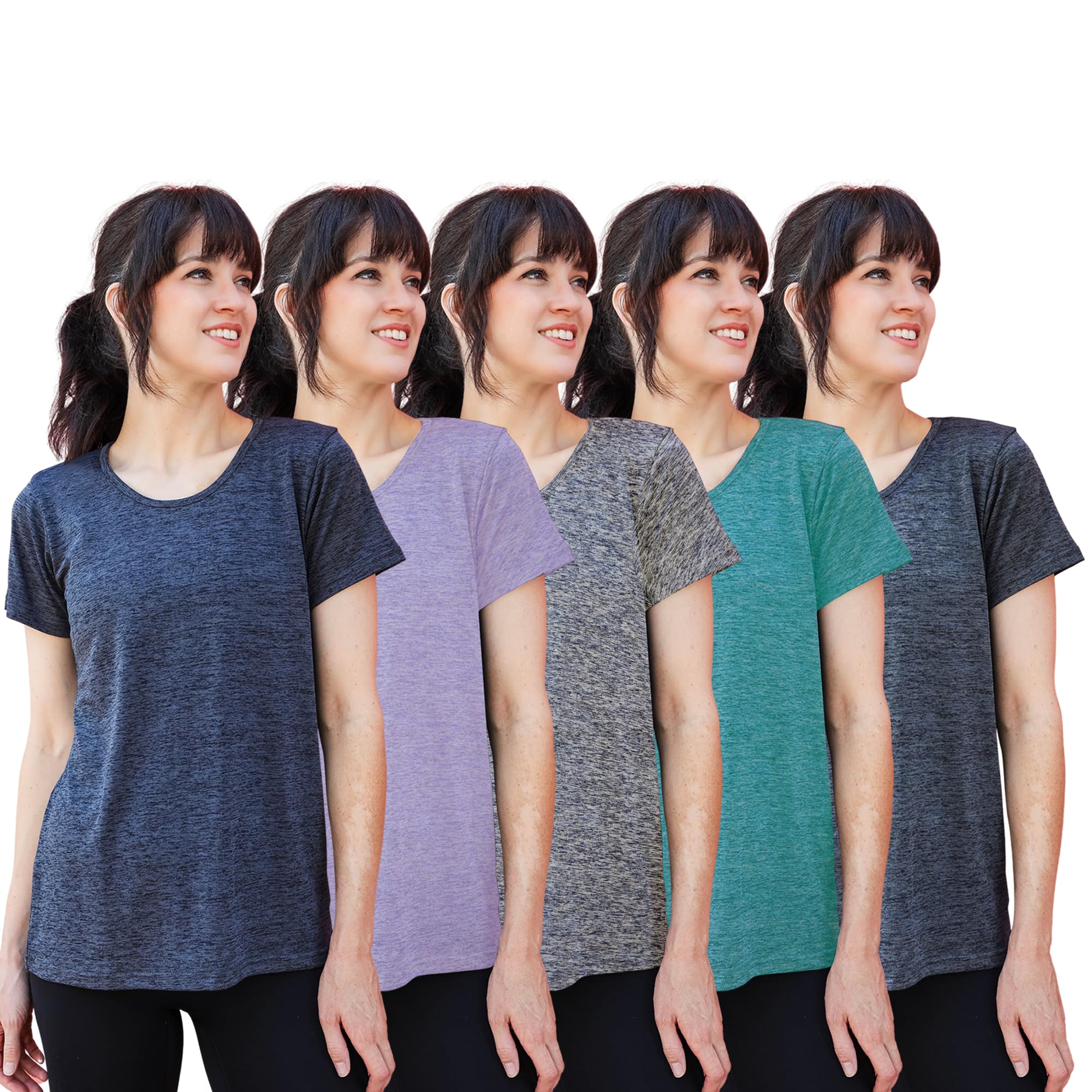 Damen-T-Shirt, Dry-Fit, feuchtigkeitsableitend, Rundhalsausschnitt, Sportbekleidung, Laufen, Yoga, Workout, Fitnessstudio, 5 Stück