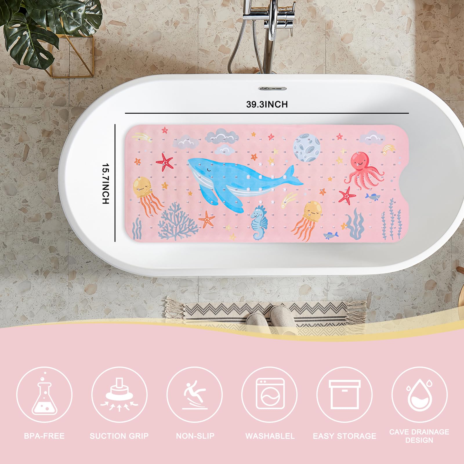 PRATIQUE Alfombrilla de baño Ocean con ventosas para ganchos de agarre seguro para almacenamiento y secado (rosa)