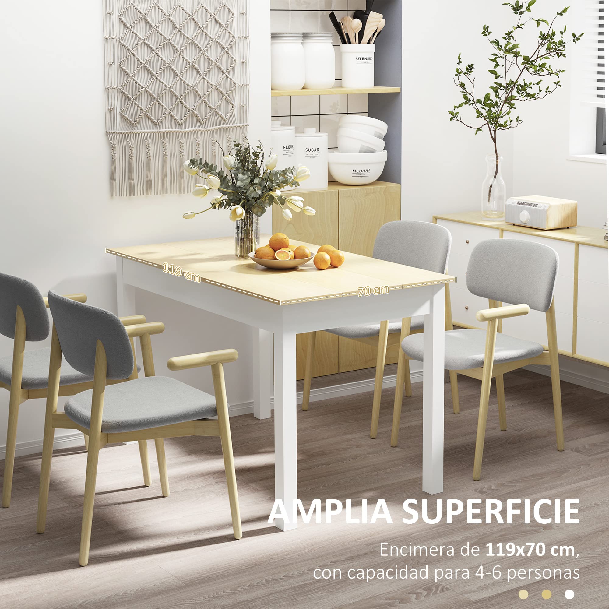 HOMCOM Mesa de Comedor Mesa Cocina 4-6 Personas 119x70x75 cm Roble Blanco | Rectangular, Estilo Moderno, Tablero de Melamina de Madera, Carga 50 kg