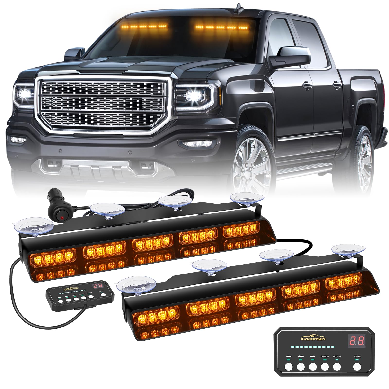 2x 17 inch Emergency Dash Amber Strobe Lights for Trucks Interior Front/Rear Windshield Lights 40 LED Safety Flashing Warning Hazard w/Controller for Tow/Plow Construction Vehicles SUV Car