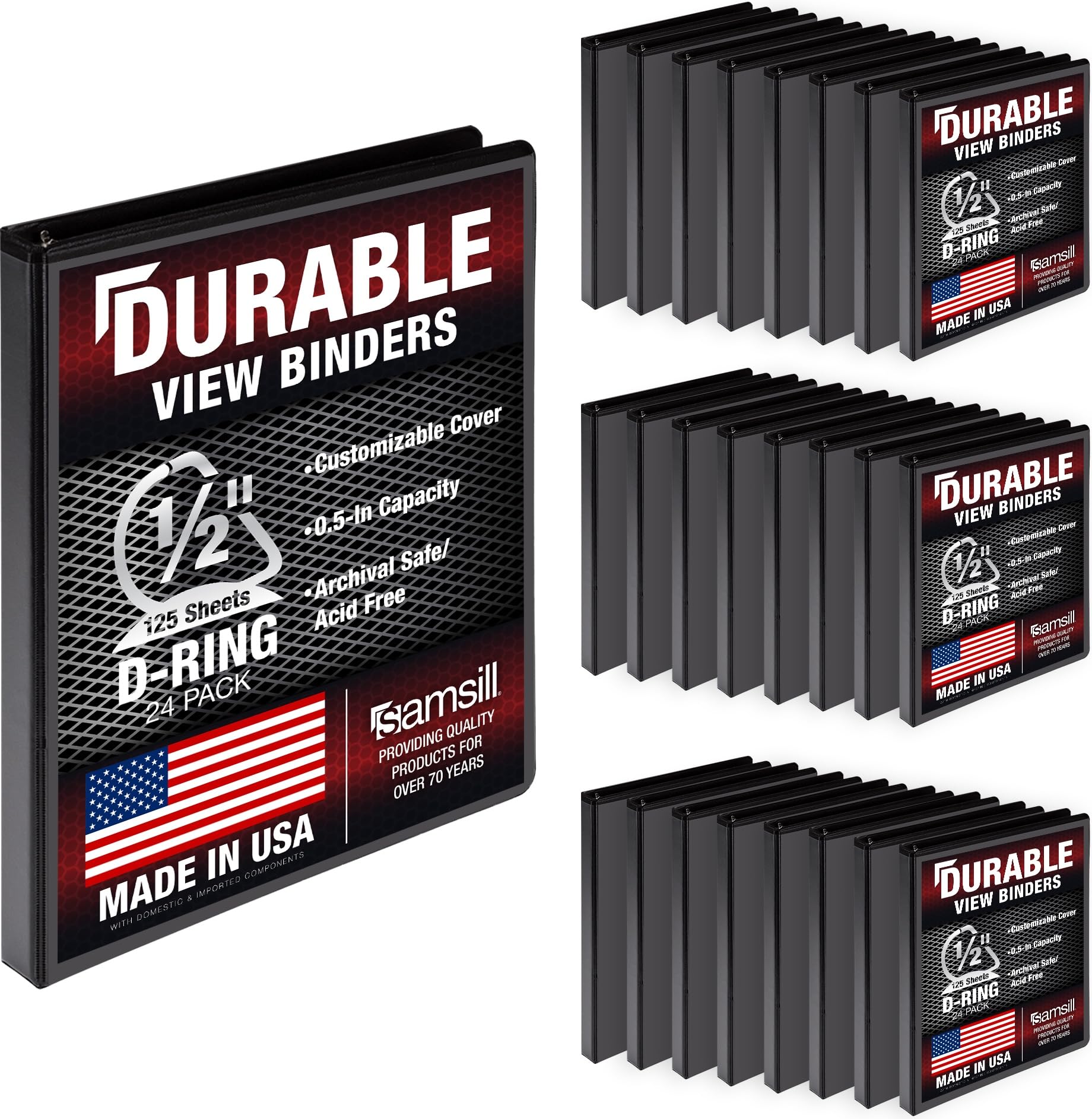 Samsill Durable 0.5 Inch Binder, D Ring Binder, Customizable Clear View Cover, Black, 24 Pack, Each Holds 125 Pages
