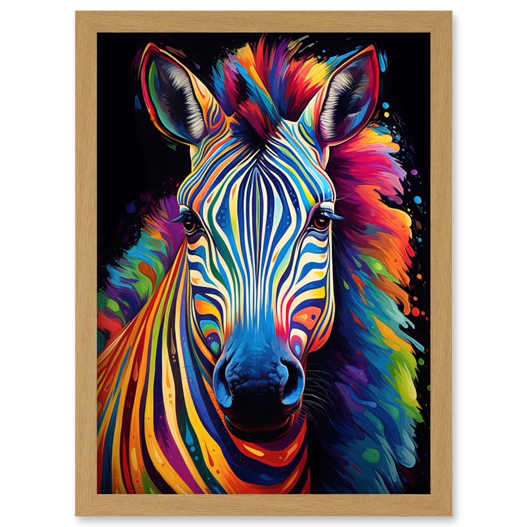 Artery8 Rainbow Striped Zebra Colourful Vibrant Bold Psychedelic Neon Impact Artwork Framed Wall Art Print A4