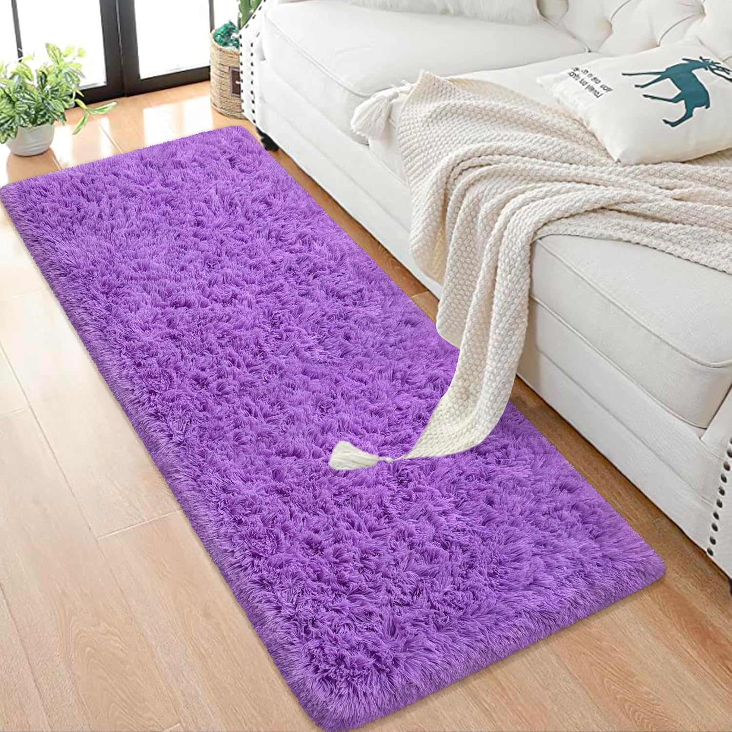 Runner Rug for Bedroom 2x6 Purple Fluffy Shaggy Rug Soft Plush Fuzzy Area Rug Bedside Runners for Hallway Kids Nursery Dorm Playroom Living Room with Non Slip Modern Indoor Decor Carpet