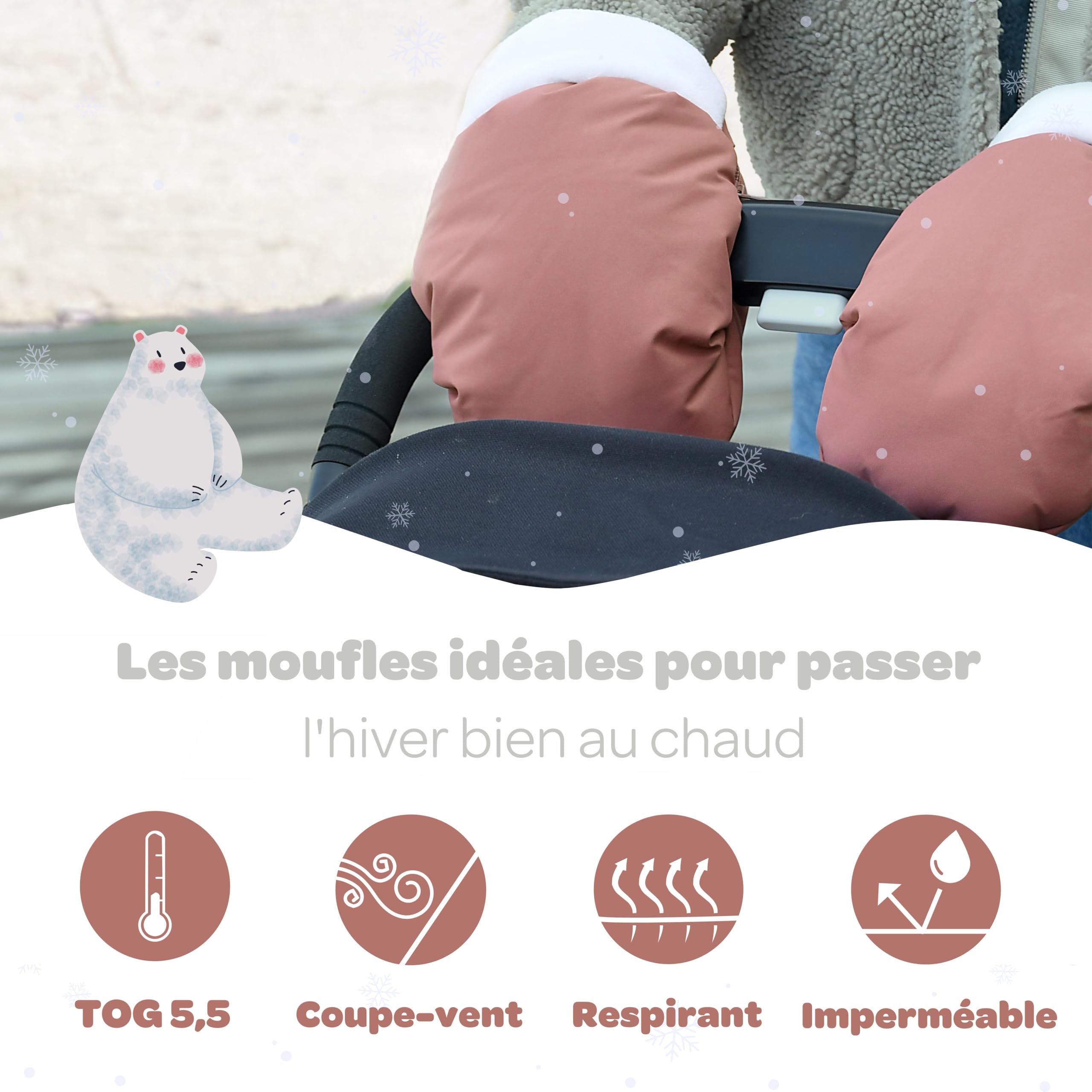 BÉABA, Moufles/Gants/Protège Mains Poussette, Protection Pluie/Neige, Attaches par zip, Ultra Chaude, Doux, Doublée Polaire, Coupe-vent, Imperméable, Respirante, Terracotta