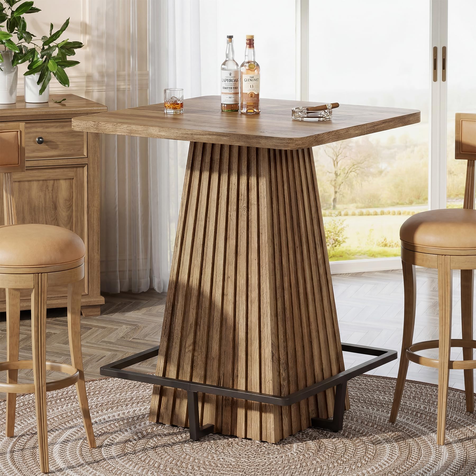 Tribesigns Bartisch, 80 x 80 x 95 cm, Quadratisch Hochtisch mit Metall-Fußstütze, Rustikales Braun Esstisch, Kneipentisch für Zuhause, Küche, Esszimmer, Bistro