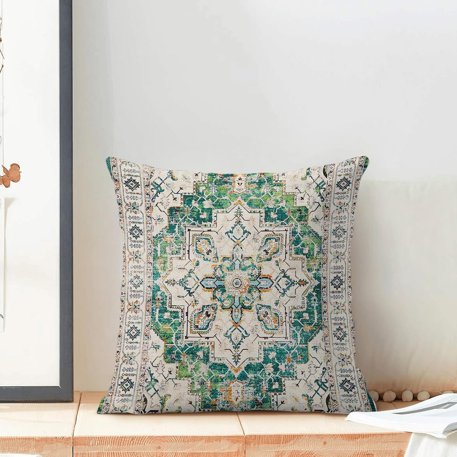 Boho Pillow Covers 18x18 Set of 2, Bohemian Carpet Pattern Green Decorative Throw Pillows Vintage Farmhouse Outdoor Farmhouse Pillows for Sofa Couch Bedroom Decor - Image 2