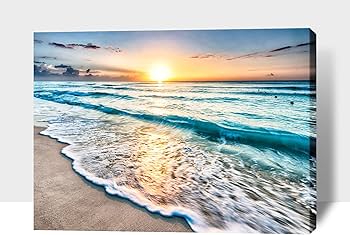 Amazon｜大きな日の出とビーチのキャンバスウォールアート 海の絵 海岸