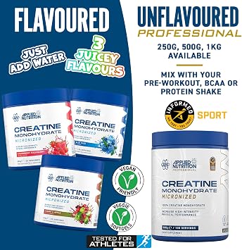 Applied Nutrition Creatine + 700ml Shaker | Creatine Monohydrate Micronized Powder with Flavour, Increases High-Intensity Physical Performance (250g - 50 Servings) (Cherry & Apple)