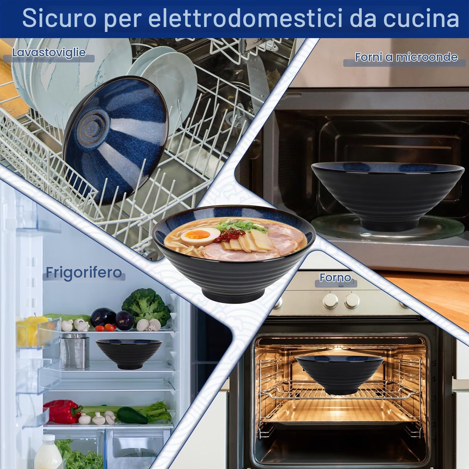 Set di 2 Ciotola Ramen Giapponesi da 1200 ml, con Bacchette e Cucchiai, Ciotole Ramen Bowl in Ceramica, Regalo Creativo Ciotola per Ramen, Insalata di Frutta, Verdura, per Forno a Microonde (Blu)