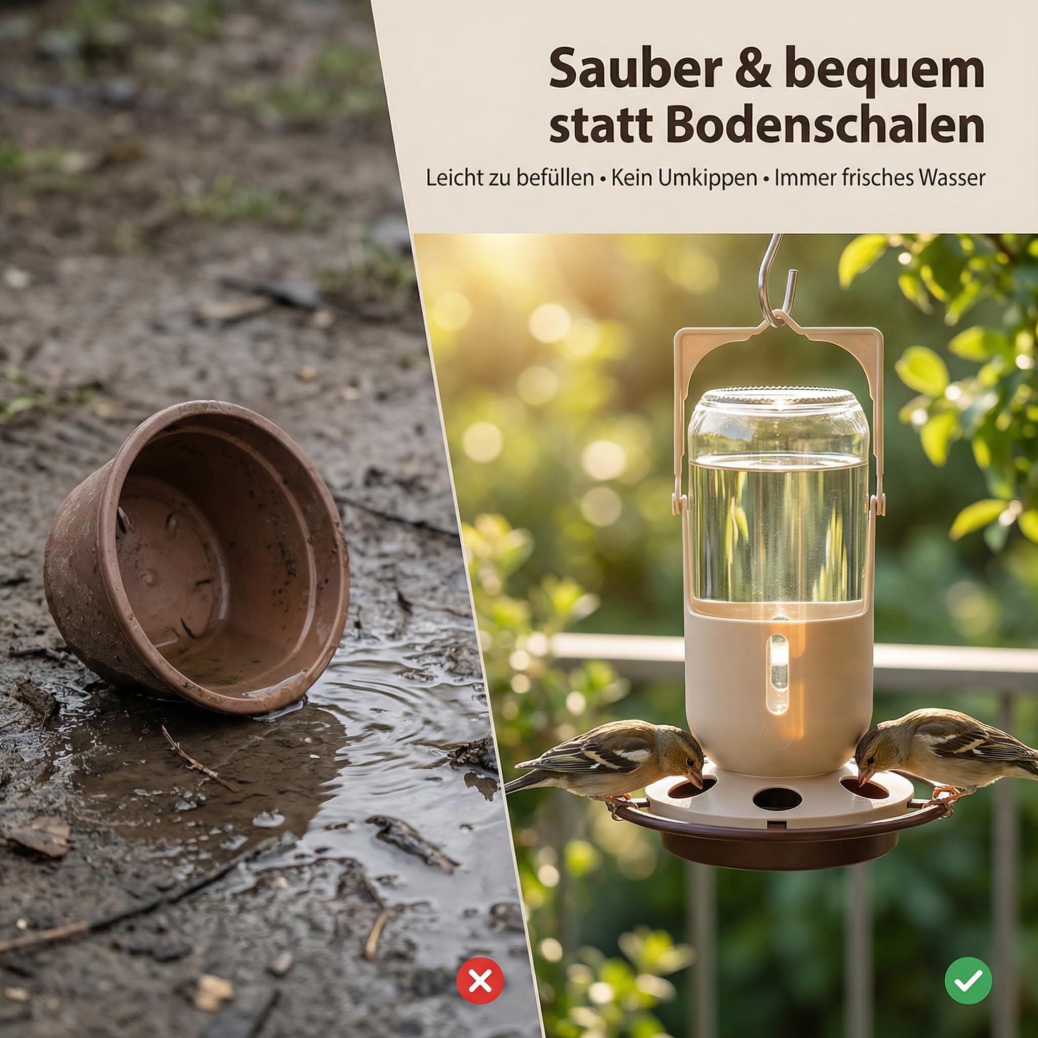 Vogeltränke 1L hängend aus Glas für Wildvögel – große Vogeltränke für sauberes Wasser auf Balkon & im Garten, wetterfestes Vogel Zubehör Hergestellt in der EU