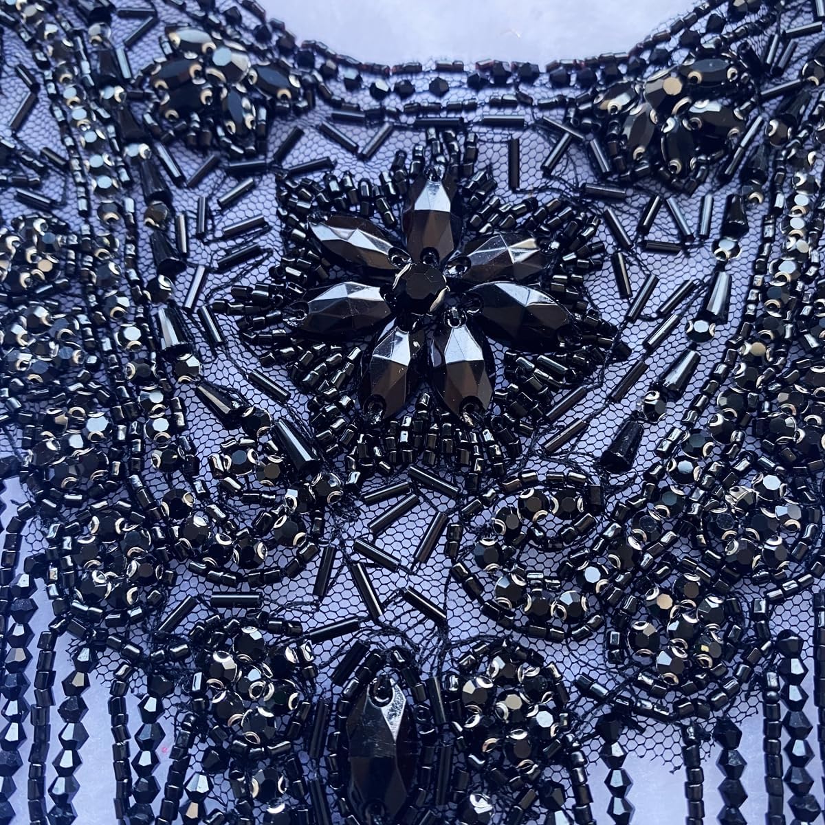 Pure Handmade Sewing Rhinestone Applique Crystal Tassel Chain for DIY Clothing Wedding Dress Patches Decoration 13.7X12.9inches (Black)