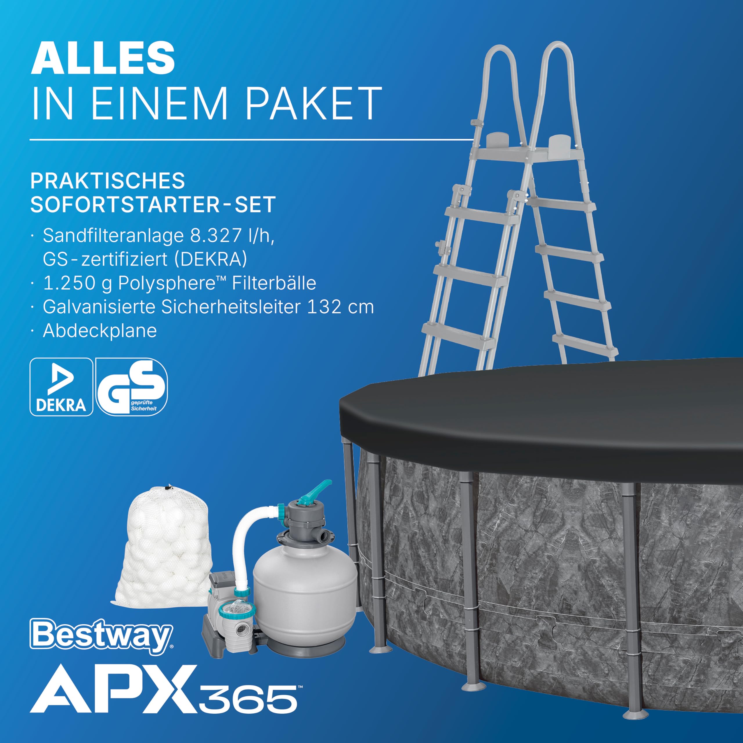 Bestway APX365 Winterfestes Frame Pool Set, Ø 610 x 132 cm, 33.240 Liter, TriTech-Material, Polar-Shield Ganzjahresschutz, Sandfilteranlage 8.327 l/h, Sicherheitsleiter, Abdeckplane, einfacher Aufbau