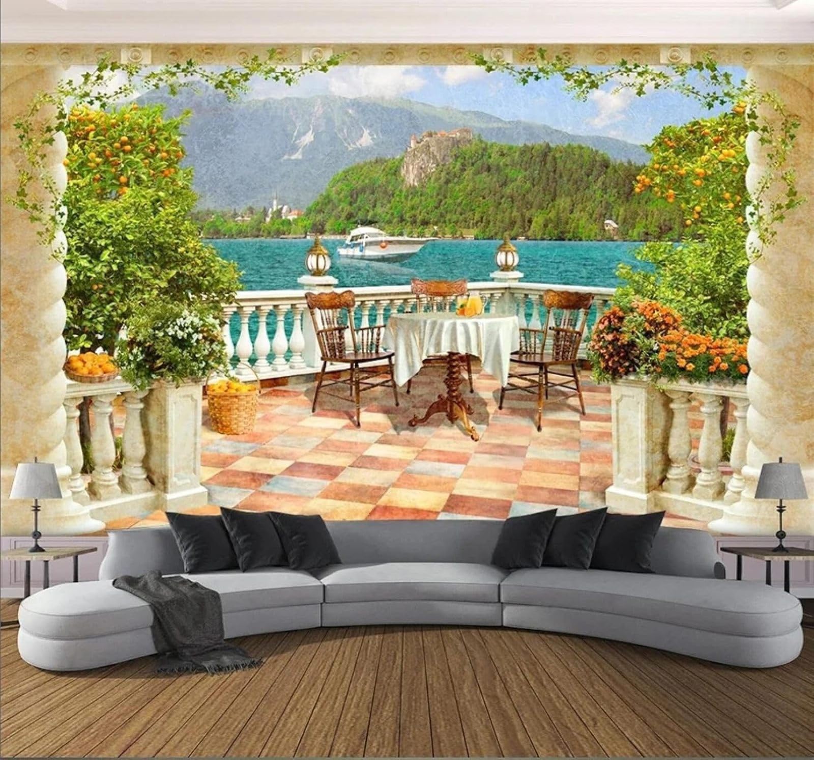XLMING Fresh Three Dimensional Columns Balcony Lake View 3D Wallpaper Luxury Silk Study Dining Feature Sofa Grey Bedroom Living Room Tv Decorative Wall-430cm×300cm