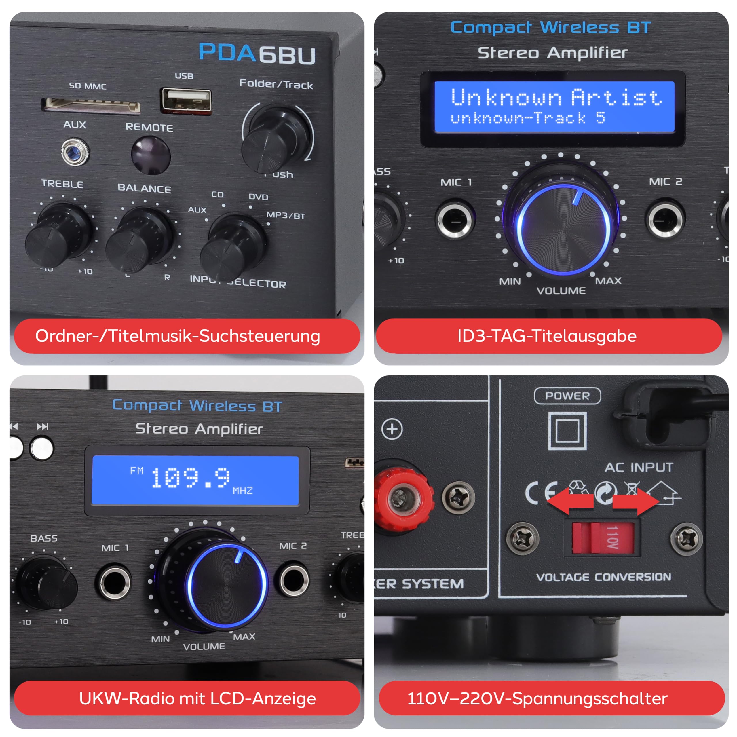 Pyle HiFi Verstärker 200W Bluetooth Stereo Verstärker, 2 Kanal mit USB SD AUX Audio Receiver mit Mikrofoneingang Echo FM Radio und LCD Display für Karaoke und Heimkino